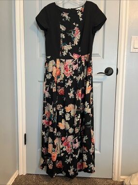 DownEast Black Floral Maxi Dress with Pink and Cream Blooms